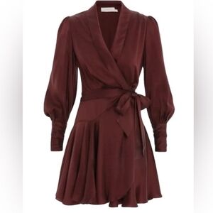 ZIMMERMANN Burgundy Asymmetric Ruffled Silk Wrap Dress Chic Feminine Mini Size 0